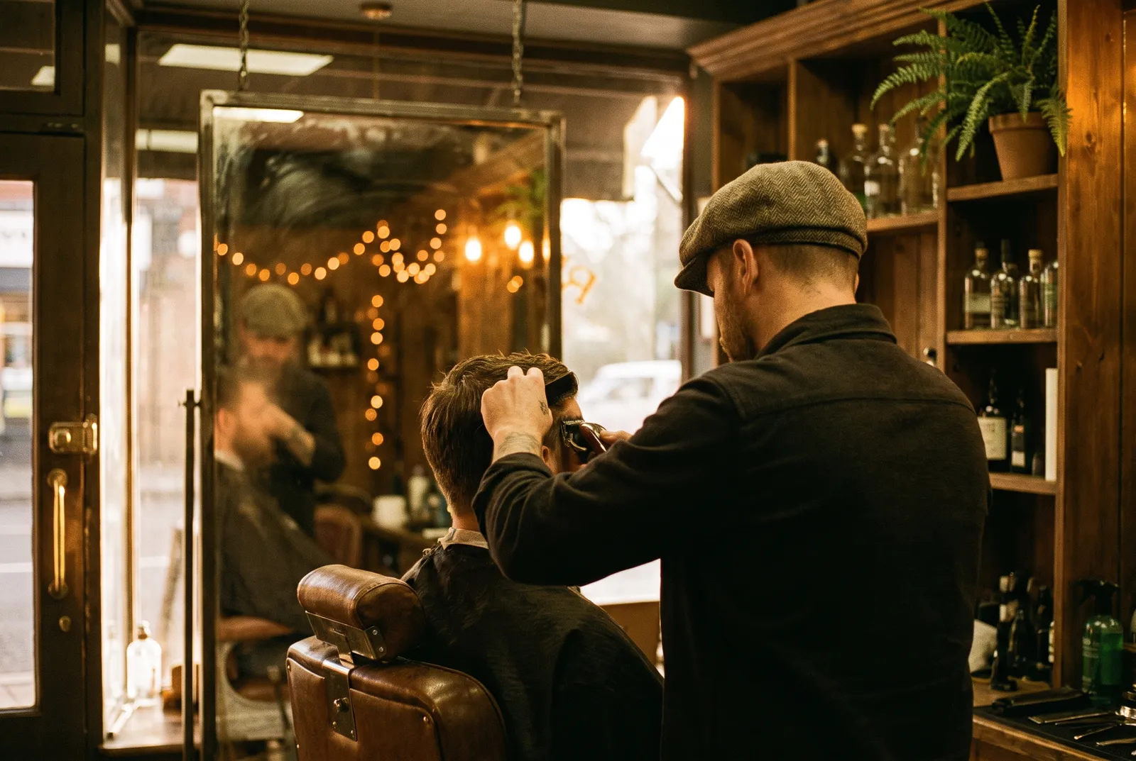 A barber mid-cut in a small independent barbershop