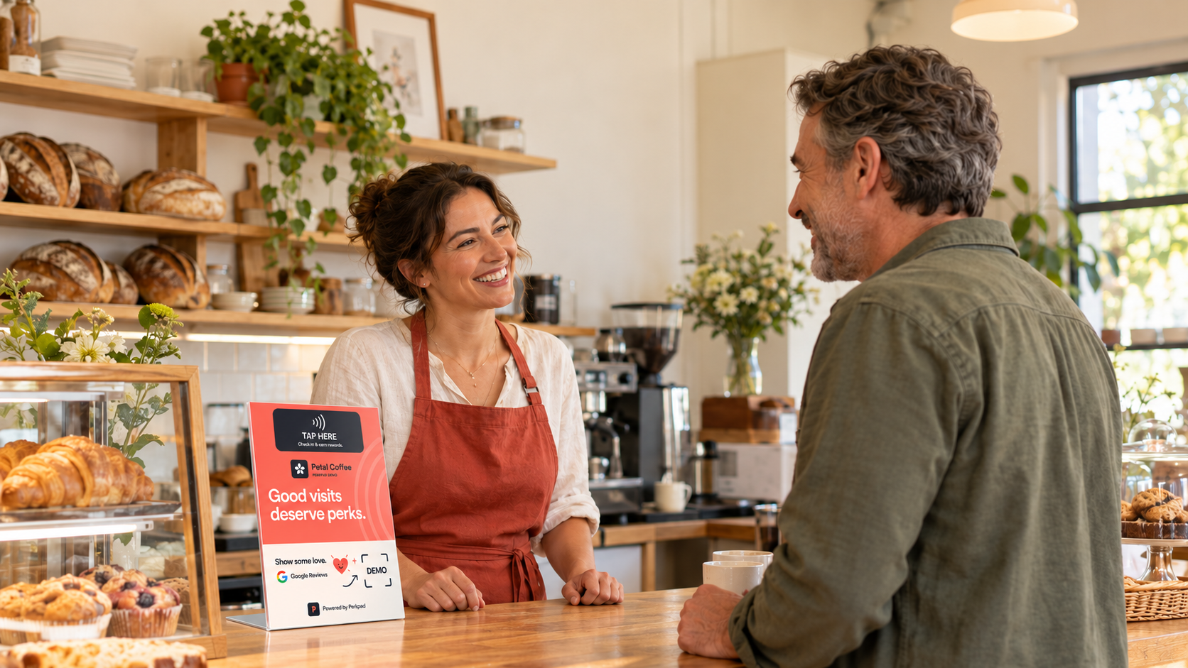 AI-generated café scene with two people at a counter beside a coral Petal Coffee demo stand branded Powered by Perkpad